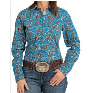 Cinch Button Up Shirt Large Teal Floral Paisley Western Cowgirl Rodeo Ranch